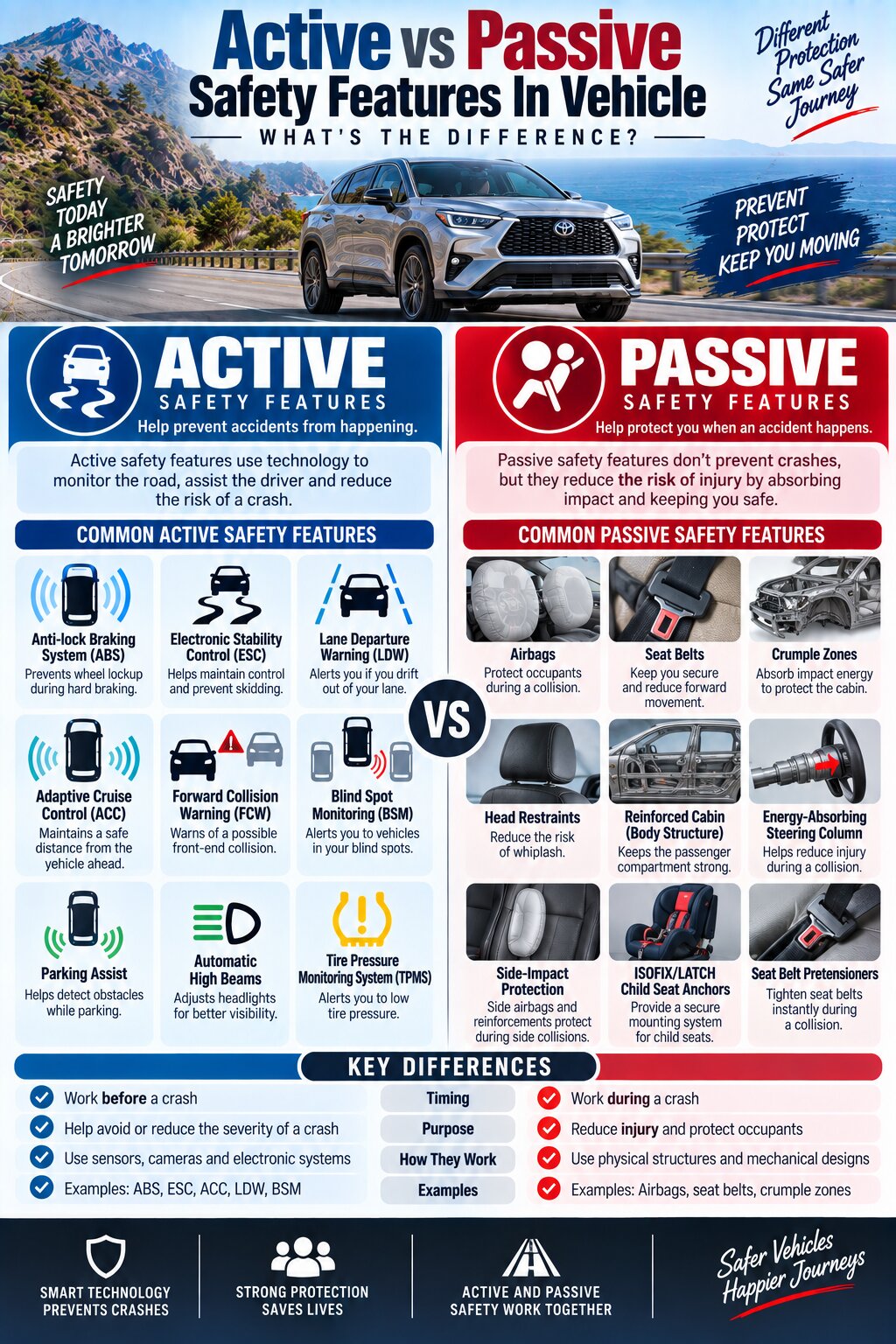 Active vs Passive Safety Features In Vehicle Infographic