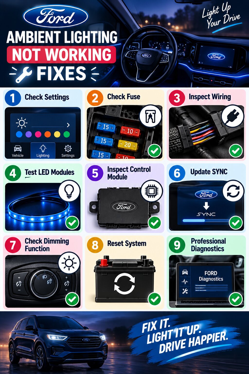 Ford Ambient Lighting Not Working Fixes infographic