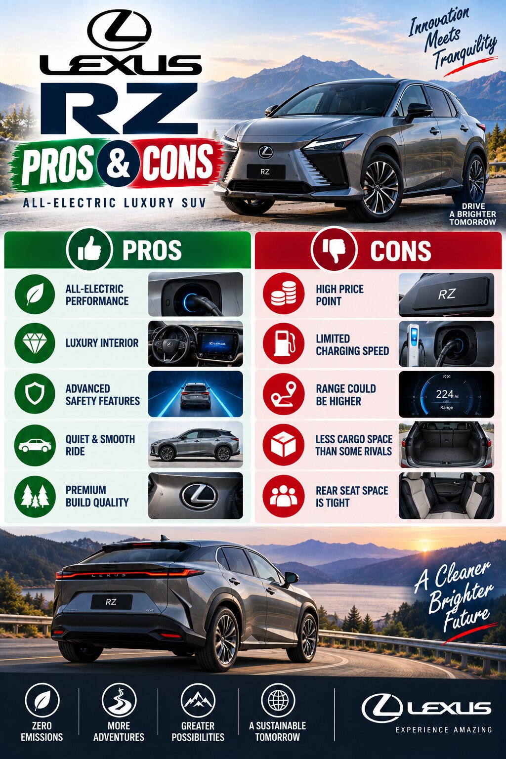Lexus RZ Pros and Cons Infographic