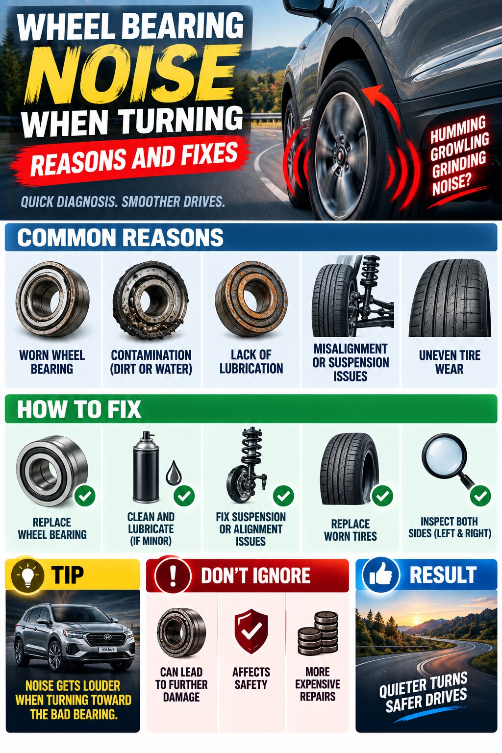 Wheel Bearing Noise When Turning: Model-Specific Problems and Fixes Infographic